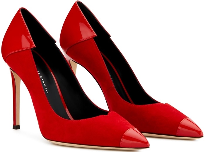 These high-heel, fire red suede pumps are characterized by poppy red patent inserts on the front and back
