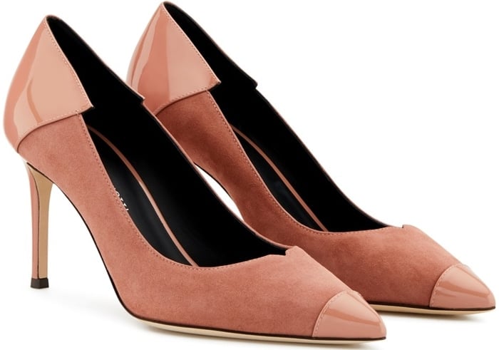 These high-heel, vintage pink suede pumps are characterized by patent inserts in matching colour on the front and back