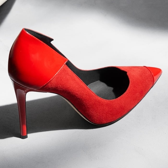 Red hot shoe in textured suede with a sleek wrapped heel and glossy toe-cap