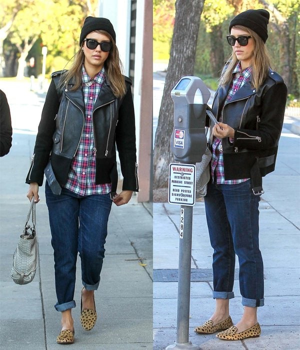 Jessica Alba pairs animal-print flats with a black leather biker jacket for a shopping day in Beverly Hills