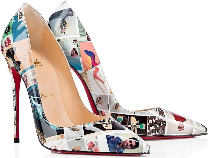 The pointy toe pump with the sensational arch is crafted in multi-colored Collage-printed patent leather