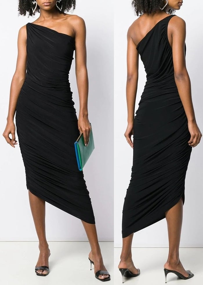 Black fitted one-shoulder dress from Norma Kamali featuring a sleeveless design, an asymmetric hem and a mid-length