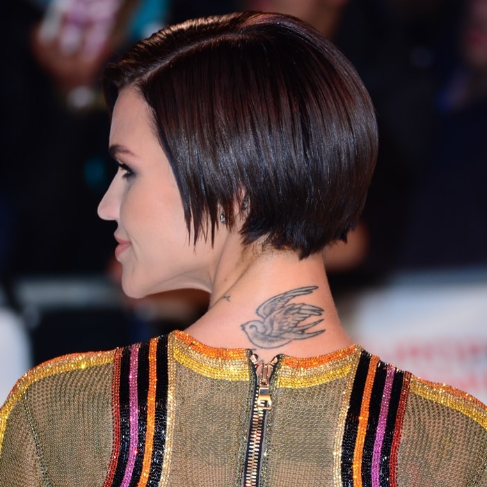 Ruby Rose showcases her freedom-symbolizing swallow tattoo at the 'xXx: Return of Xander Cage' premiere, London, January 10, 2017