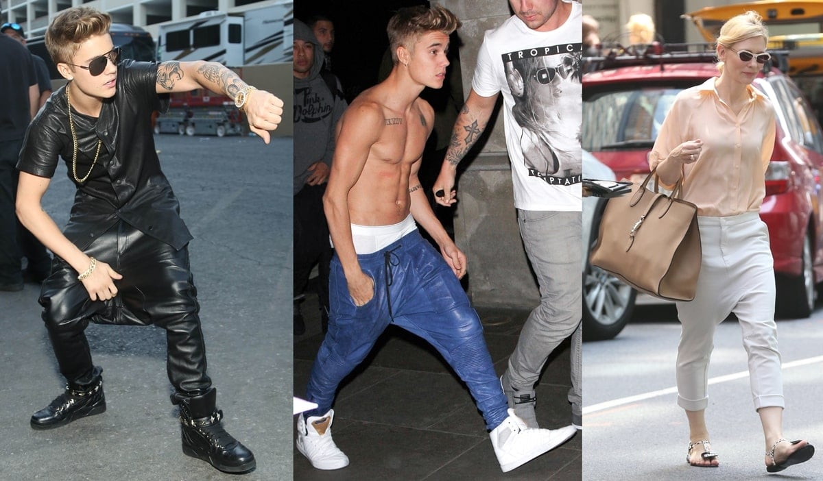 Justin Bieber rocks drop-crotch pants in two distinct styles, while Cate Blanchett opts for classic tailored trousers