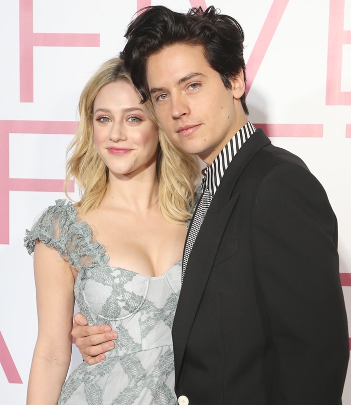 Cole Sprouse and girlfriend Lili Reinhart looking happy at the premiere of his movie Five Feet Apart