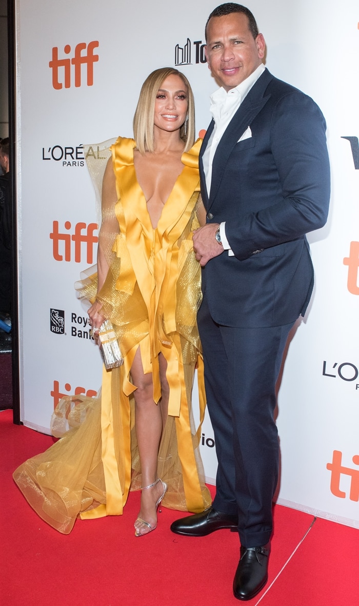 Jennifer Lopez and Alex Rodriguez on the red carpet at the Hustlers premiere