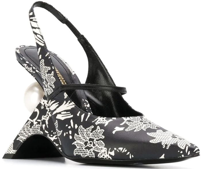 Revive your shoe collection with these black and white leather Jazzelle slingback pumps from Nicholas Kirkwood featuring a slingback ankle strap, a pointed toe, a sculpted high heel and a printed lace detail