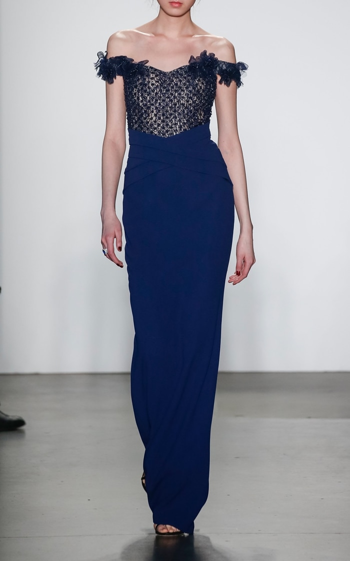 Pamella Roland Embroidered Off-The-Shoulder Crepe Gown