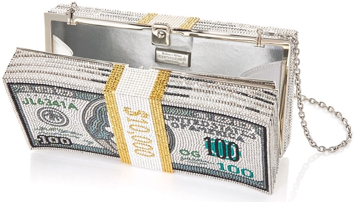 Judith Leiber's tongue-in-cheek 'Stack of Cash' box clutch is designed to mimic a handful of bills