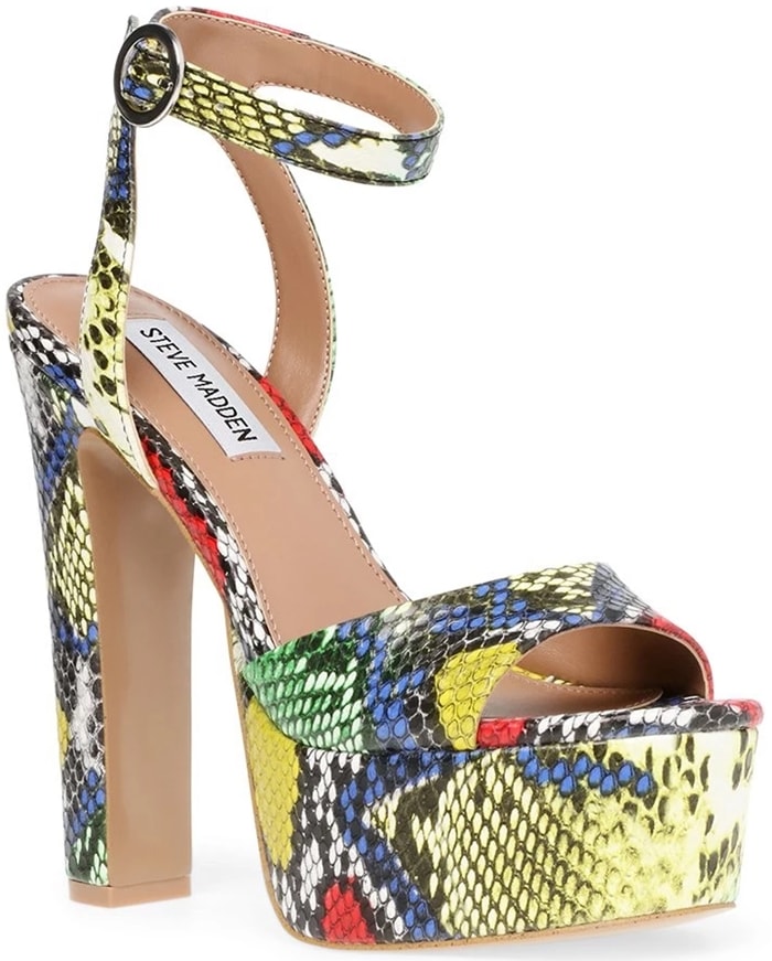 A lofty platform amplifies the retro appeal of this standout multi snake ankle-strap sandal