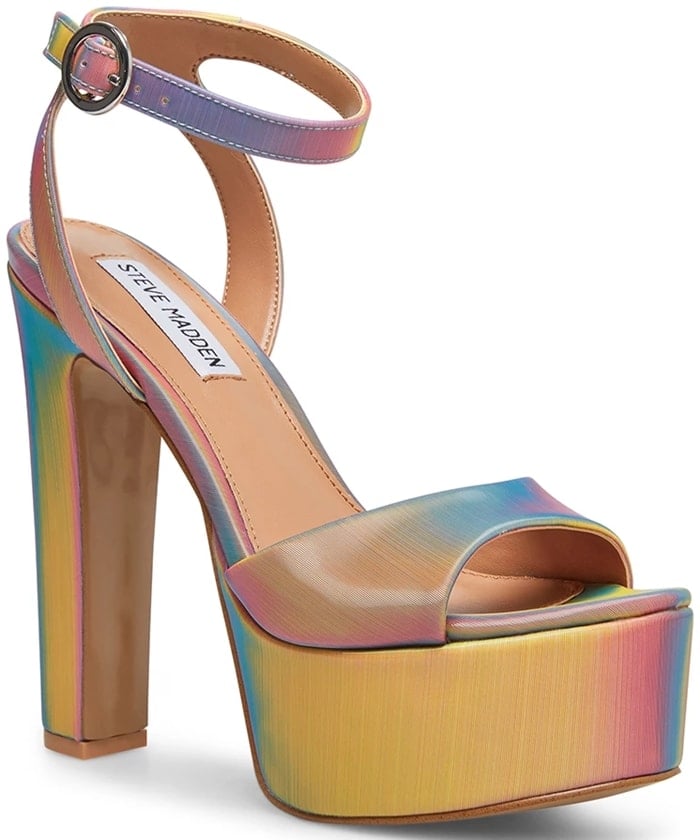 A lofty platform amplifies the retro appeal of this standout rainbow ankle-strap sandal