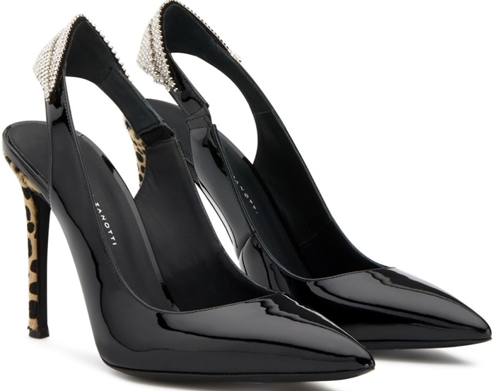 These high-heel, black patent leather slingback sandals are characterized by a crystal accessory in the back strap, and by the covered heel in natural, animal-print pony