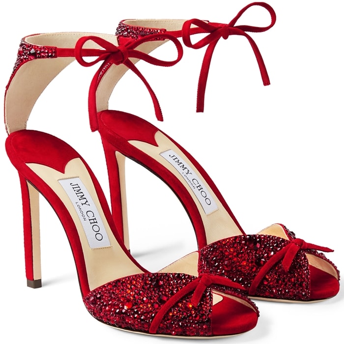 The Talaya 100 party heel in red suede with shimmering crystal hot fix are all you need to dance the night away