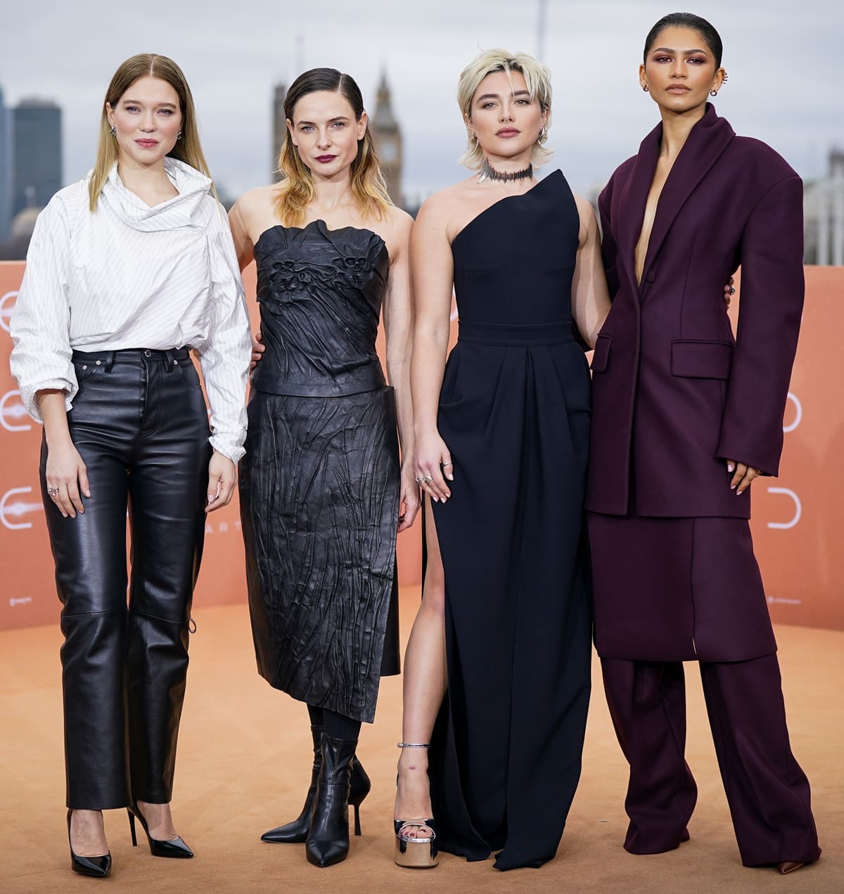 Zendaya stands tall among 'Dune: Part Two' co-stars Lea Seydoux, Rebecca Ferguson, and Florence Pugh at the London photocall, showcasing the striking height difference
