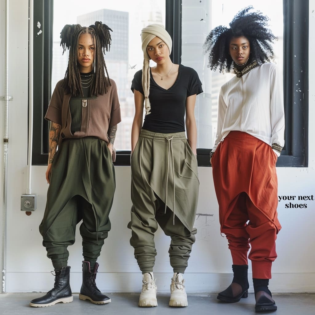Three individuals showcase a variety of drop-crotch pants, combining urban style with comfort and mobility