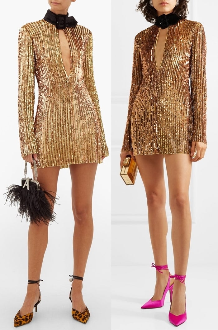 This mini dress is cut from tulle sewn with scores of prismatic sequins and beads in soft golden hues. It has a buckled velvet collar that contrasts the plunging neckline