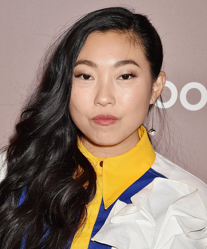 Awkwafina wears a Pyer Moss colorblock shirt dress