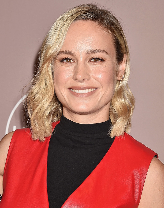 Brie Larson is red hot in a leather ensemble by Rosetta Getty