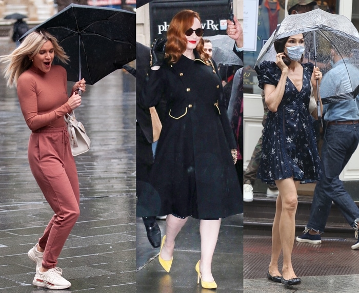 Ashley Roberts, Christina Hendricks, and Famke Janssen get their shoes wet in the rain