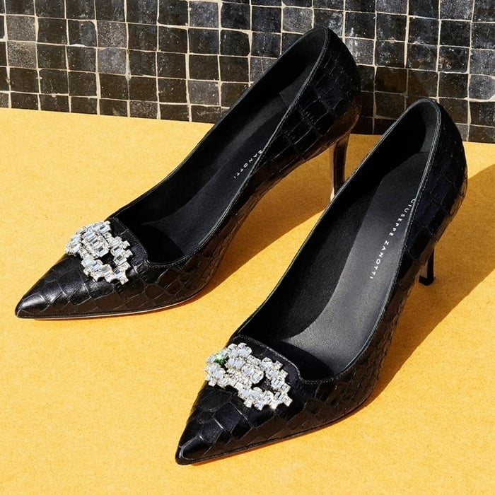 Crafted from croc-effect leather, these Mandy pumps feature a pointed toe, a slip-on style, a high stiletto heel and crystal embellishments