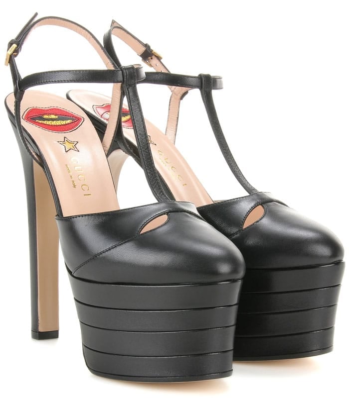 Gucci T-Strap Platform Pumps in Black Leather