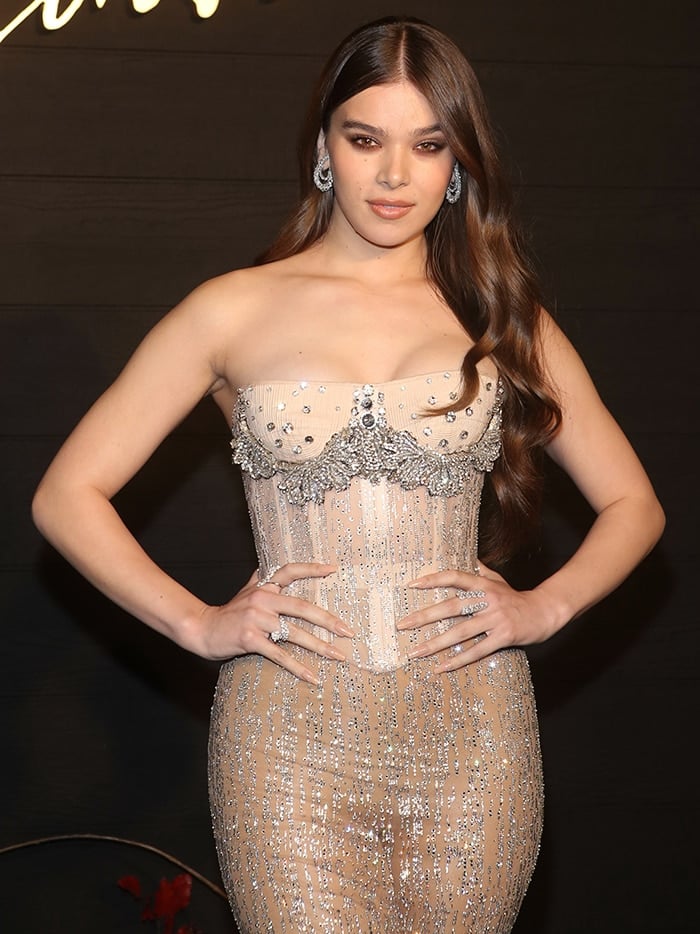Hailee Steinfeld wears her long wavy hair over her one shoulder and sports smoky eye makeup