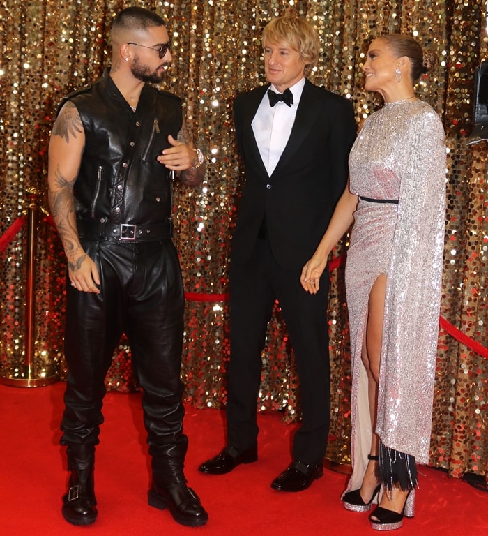 Maluma, Owen Wilson, Jennifer Lopez filming a red carpet scene on the set of Marry Me