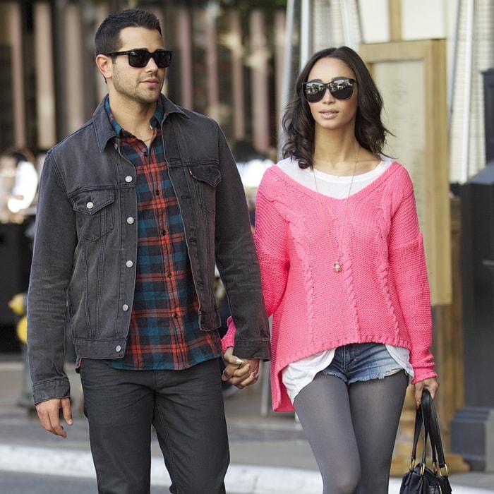 Jesse Metcalfe wears a flannel shirt while out on a date with Cara Santana