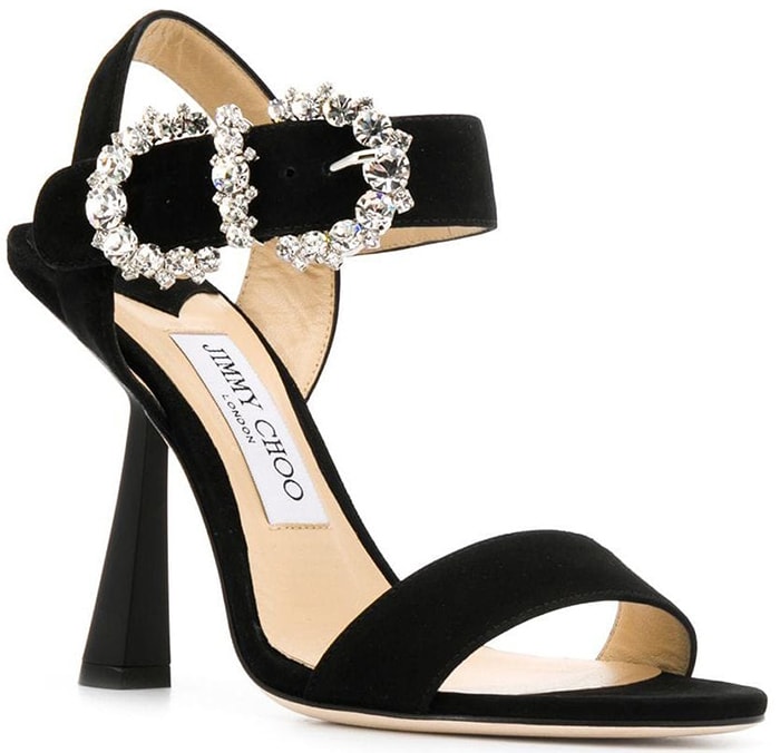 This glamorous special occasion sandal hosts a diamante detailed baroque buckle that takes center stage at the ankle