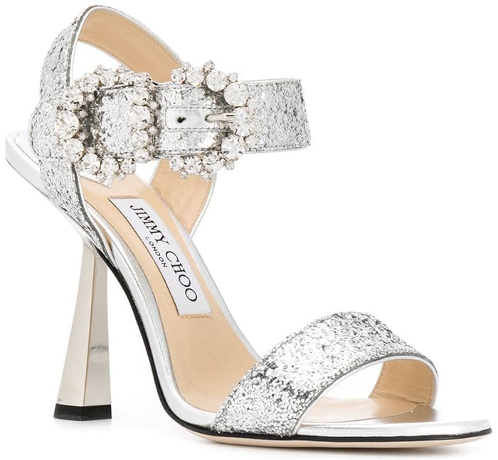 This glamorous special occasion sandal hosts a diamante detailed baroque buckle that takes centre stage at the ankle