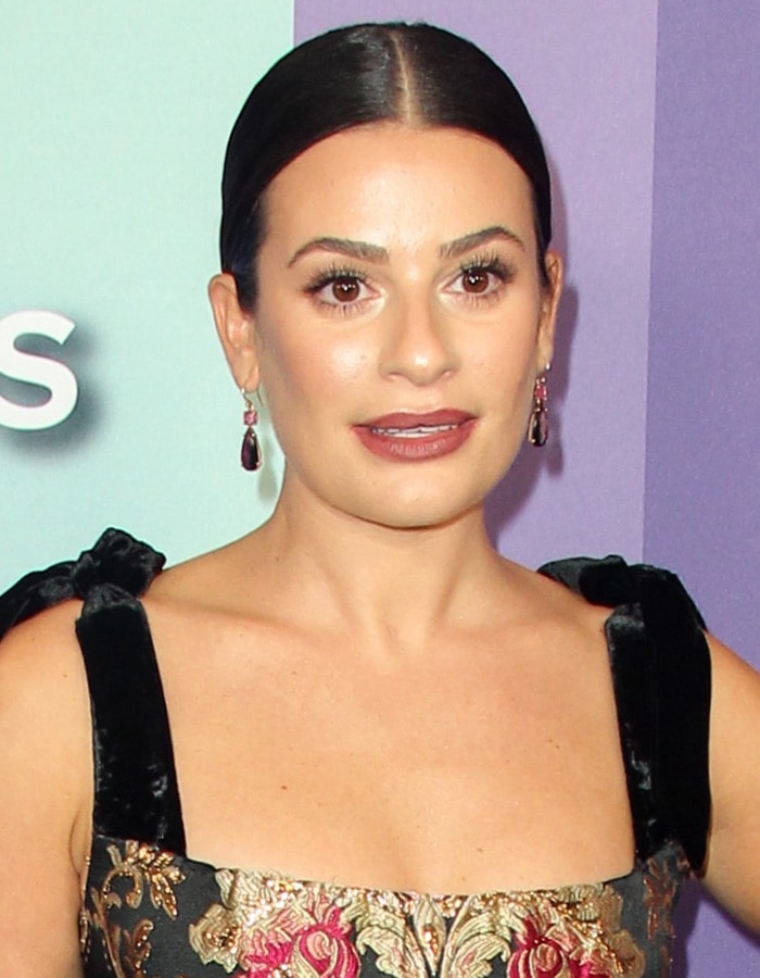 Lea Michele wears a Victorian-inspired Reem Arca floral brocade dress