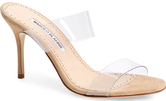 Manolo Blahnik's Scolto mules are styled with double clear PVC bands and a slim stiletto heel