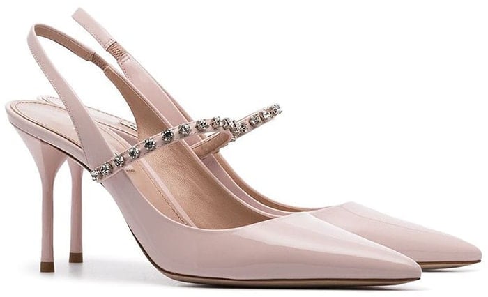 These slingback pumps have been made in Italy from blush patent-leather and have a secure strap dotted with sparkly crystals