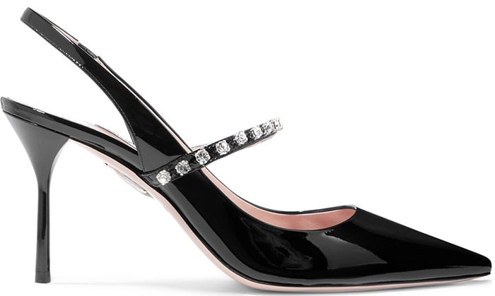Miu Miu's slingbacks are Italian-made from black patent-leather and have sharp pointed toes that'll make your legs look longer