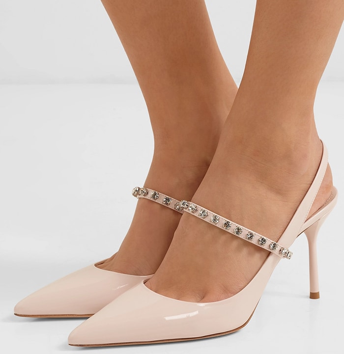 MIU MIU Crystal-embellished patent-leather slingback pumps