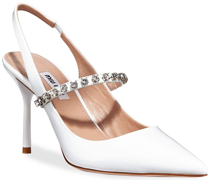 White MIU MIU Crystal-embellished patent-leather slingback pumps