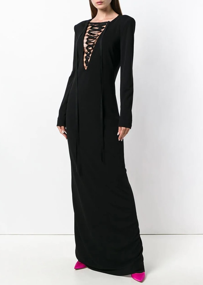 Black silk blend Sable lace-up gown from Tom Ford featuring structured shoulders, a deep V neck, long sleeves, a fitted silhouette, a draped design and metal loops on the deep v-neck with grosgrain lacing