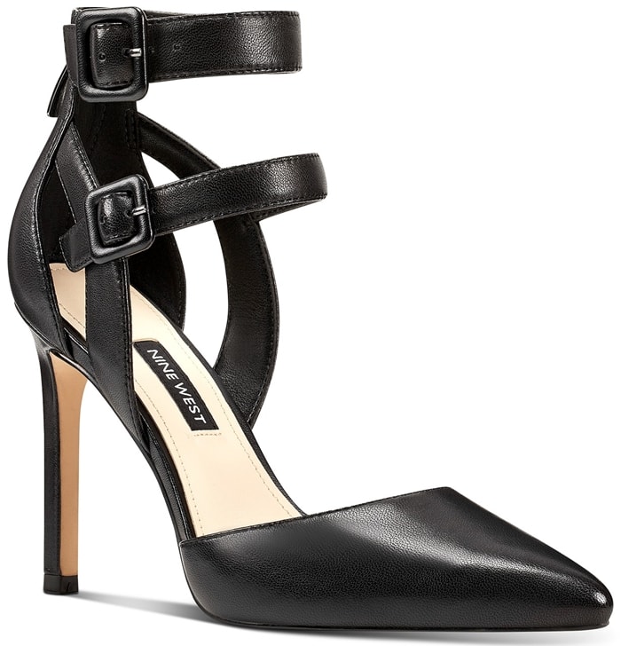 The classic stiletto pump gets a downtown makeover in Nine West's caged-heel version with a double buckle strap