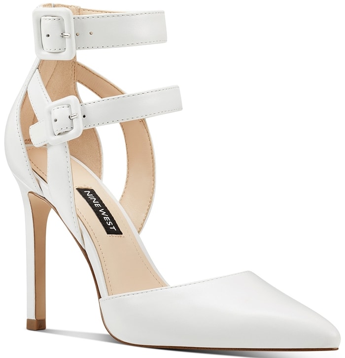 The classic stiletto pump gets a downtown makeover in Nine West's caged-heel version with a double buckle strap