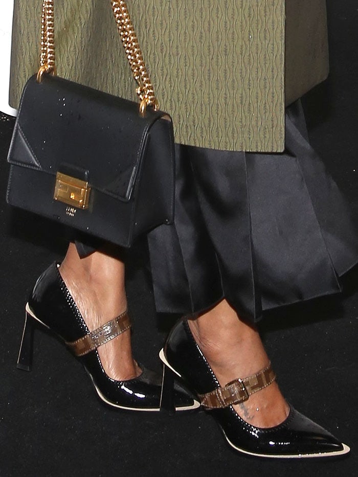 Zoe Saldana's tattooed feet in Fendi black-patent neoprene Mary-Jane pumps