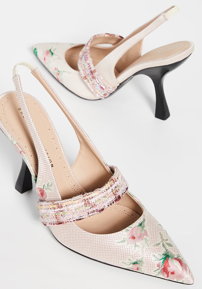 Styled with a tweed instep strap, this colorful pair is finished with a sculpted, slender stacked heel