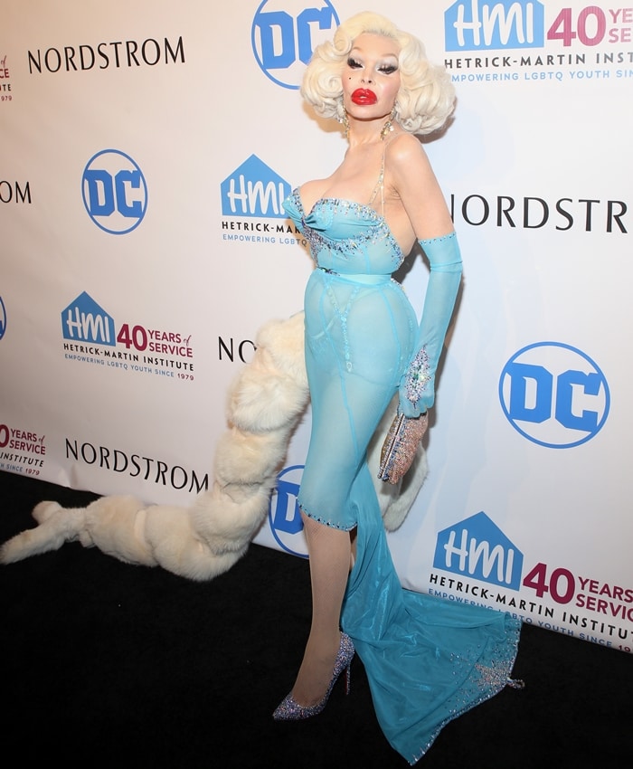 American transgender model Amanda Lepore with her trademark blowfish red lips