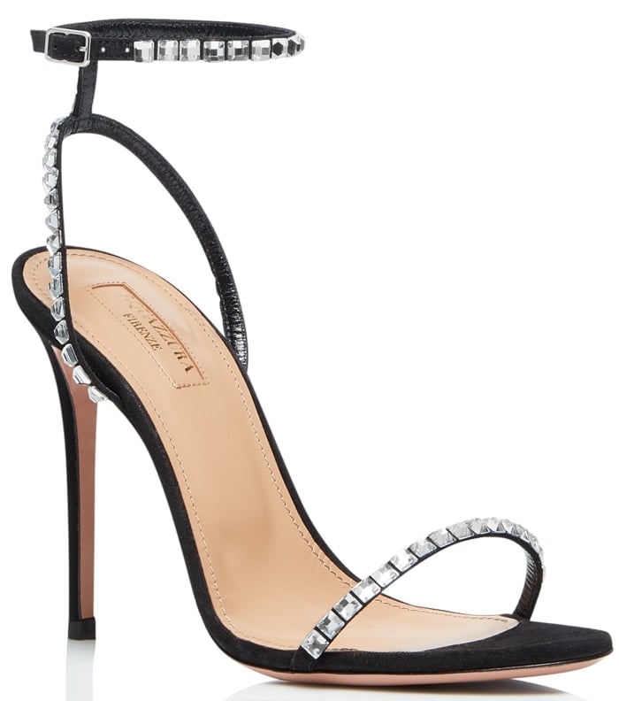 In a barely-there strappy silhouette, these black suede sandals are accented with sparkling crystal trim