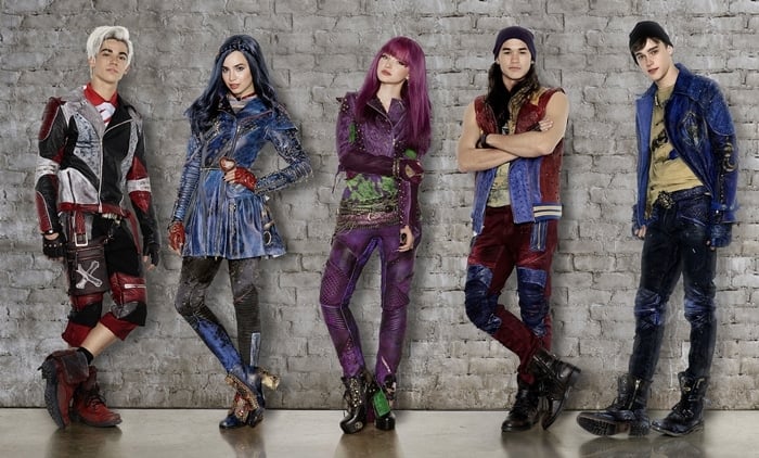 Cameron Boyce, Sofia Carson, Dove Cameron, Booboo Stewart, and Mitchell Hope on the set of Descendants 2, an American musical fantasy television film