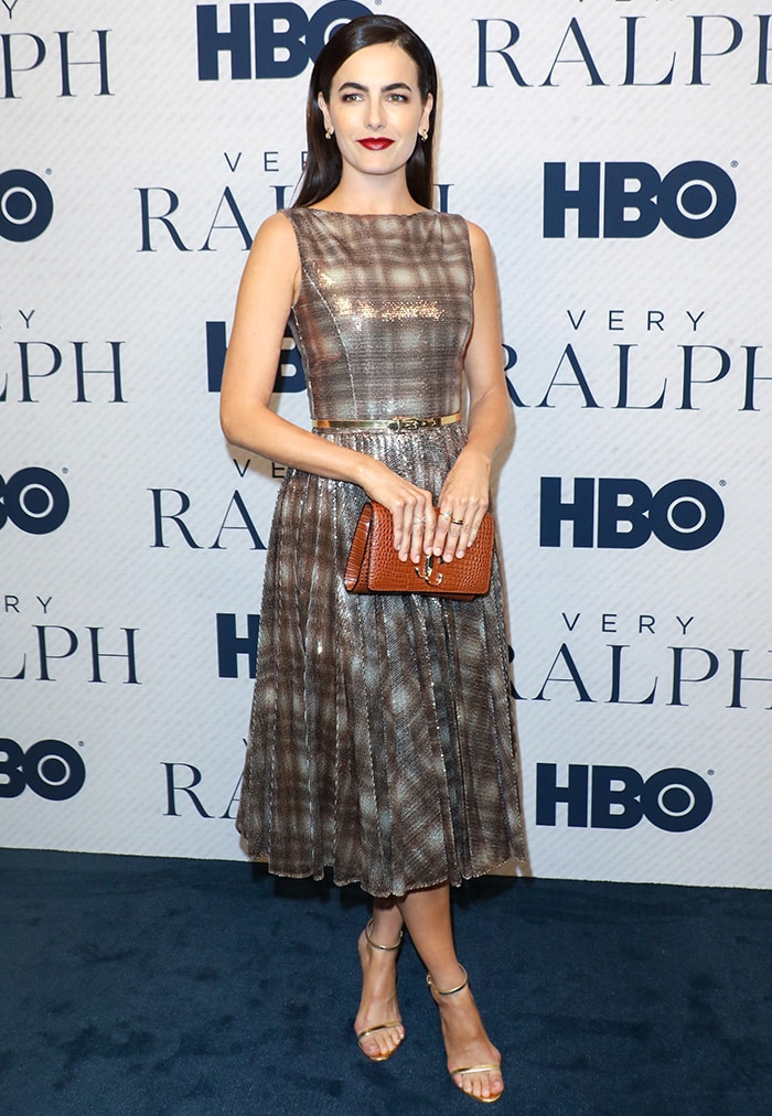 Camilla Belle opts for a Ralph Lauren vintage-inspired sequin-embellished plaid dress