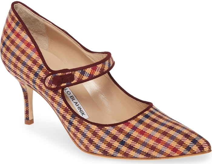 Tonal suede trims the retro-plaid exterior of this mary jane pump lifted by a modest heel with a button strap and bewitching pointy toe perfecting the style