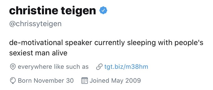 Chrissy Teigen changed her Twitter bio following the Sexiest Man Alive announcement by People