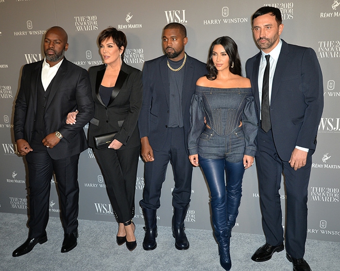 Corey Gamble, Kris Jenner, Kanye West, Kim Kardashian and Riccardi Tisci pose together at the WSJ Innovator Awards in New York City