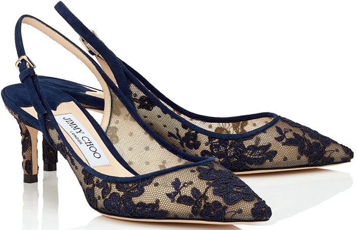 The Erin pointy slingback pump in navy floral lace is a classic silhouette with modern appeal