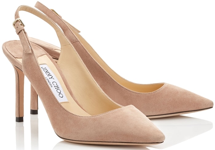 The Erin pointed sling-back pump in ballet pink suede is a classic silhouette with modern appeal